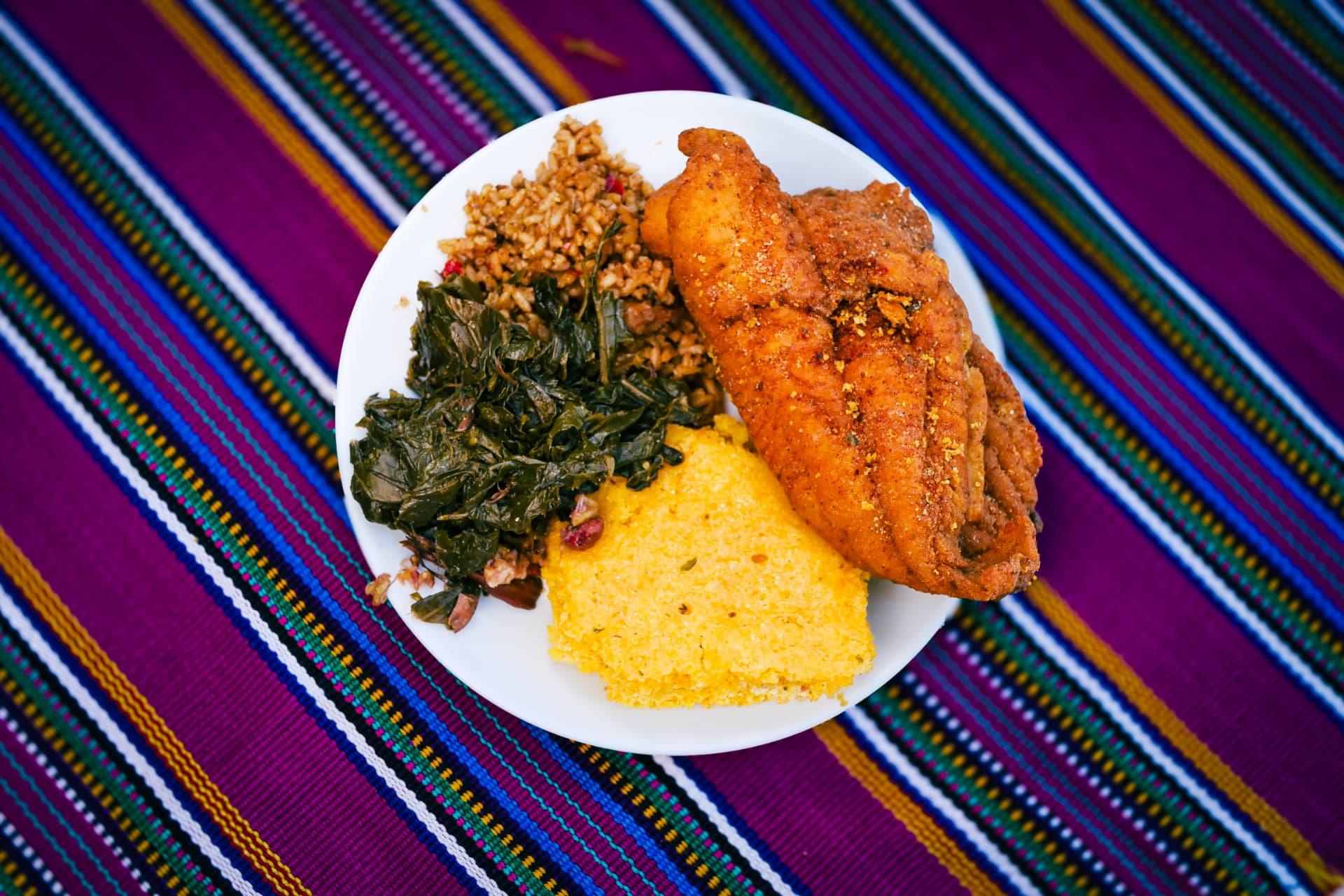 Soul food plate photographed on a white plate